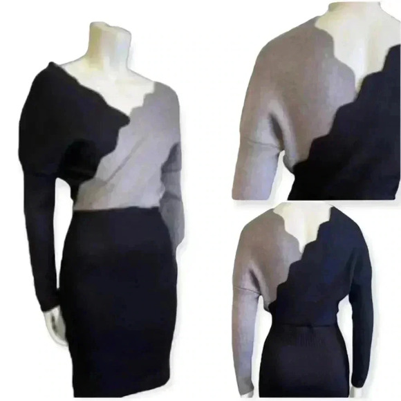 Sweater dress COLOR BLOCK ribbed knit faux wrap bodycon black gray women medium - Picture 5 of 16